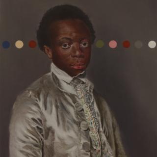 18th Century portrait painting of a black boy with coloured dot intervention