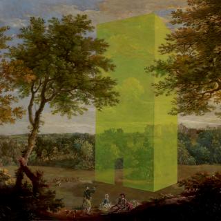 18th Century landscape with figures and a ghostly modern building