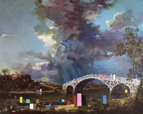 Canaletto landscape of the Thames with bridge, river and contemporary shapes