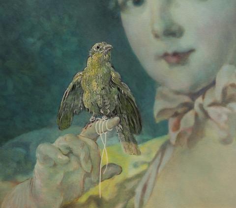 Classical portrait painting of a young girl with bird. Boucher unfocussed with blue tint