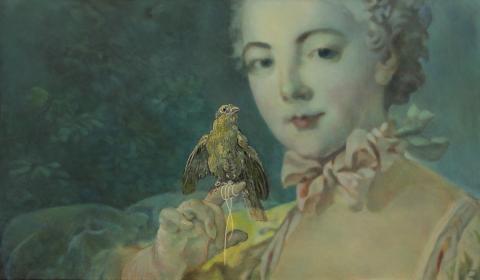 Fragonard classical 18th century portrait painting of young woman and bird