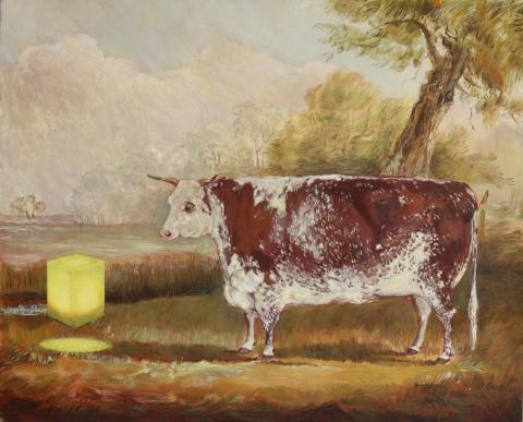 19th century bull in landscape with glowing yellow cube intervention. Oil painting